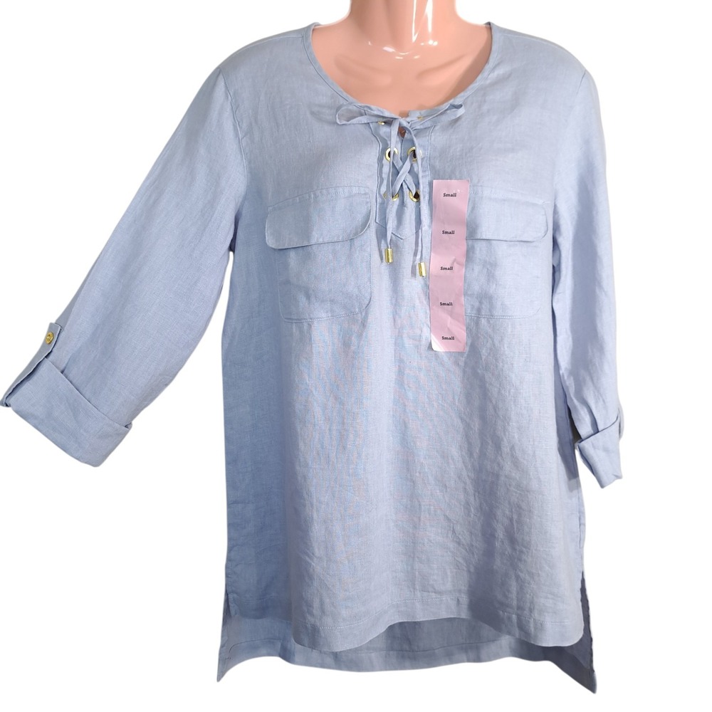 Company Ellen Tracy 100% Linen Lace Up Tunic Size S Baby Blue Roll Tab Sleeve